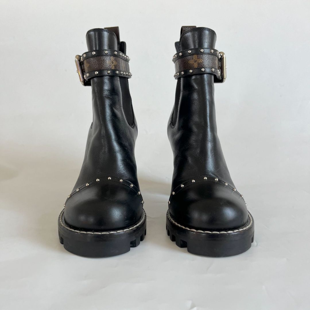 LOUIS VUITTON Patent Calfskin Monogram Star Trail Ankle Boots 39 Black  1306518