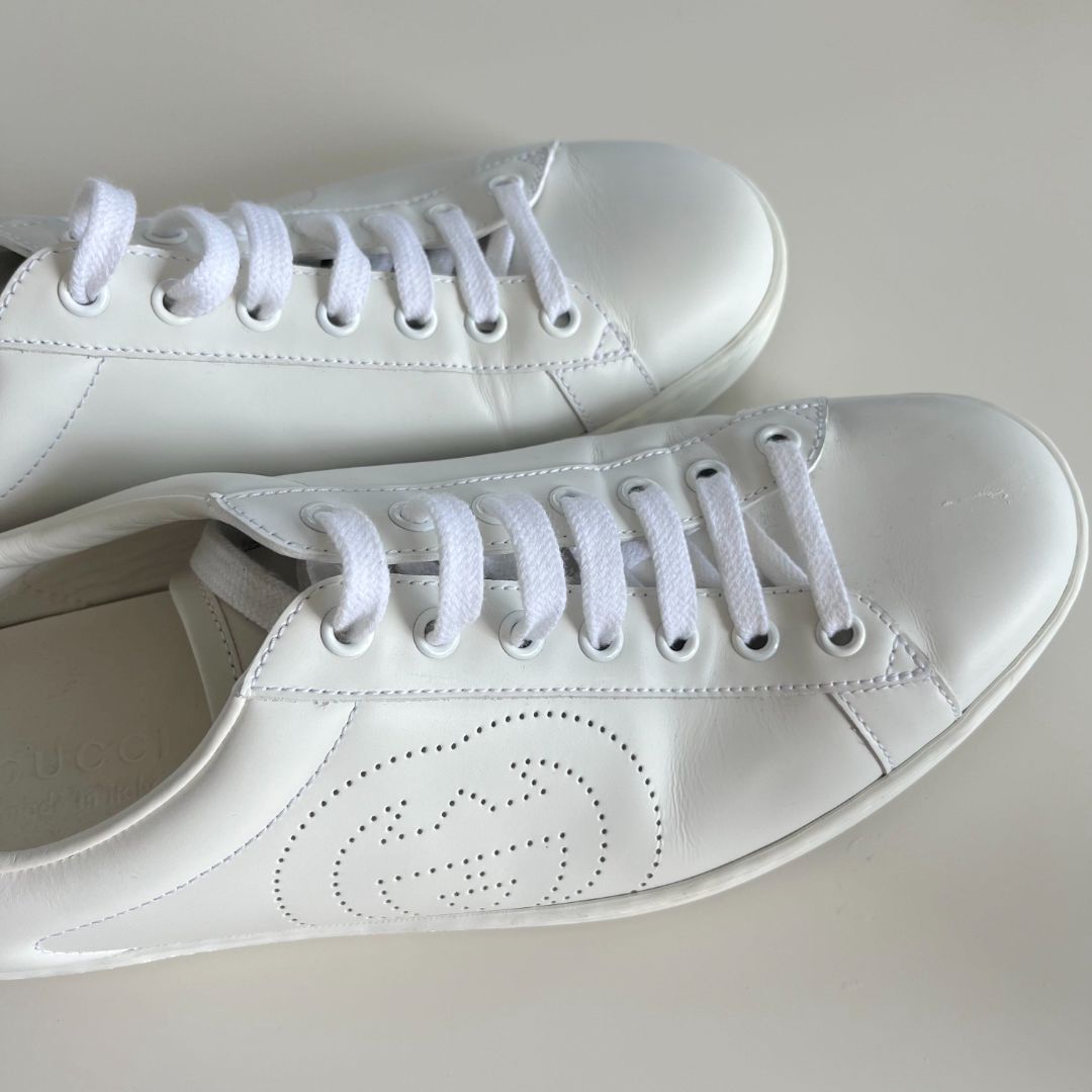 Gucci White Perforated Interlocking G Leather Ace Low Top Sneakers