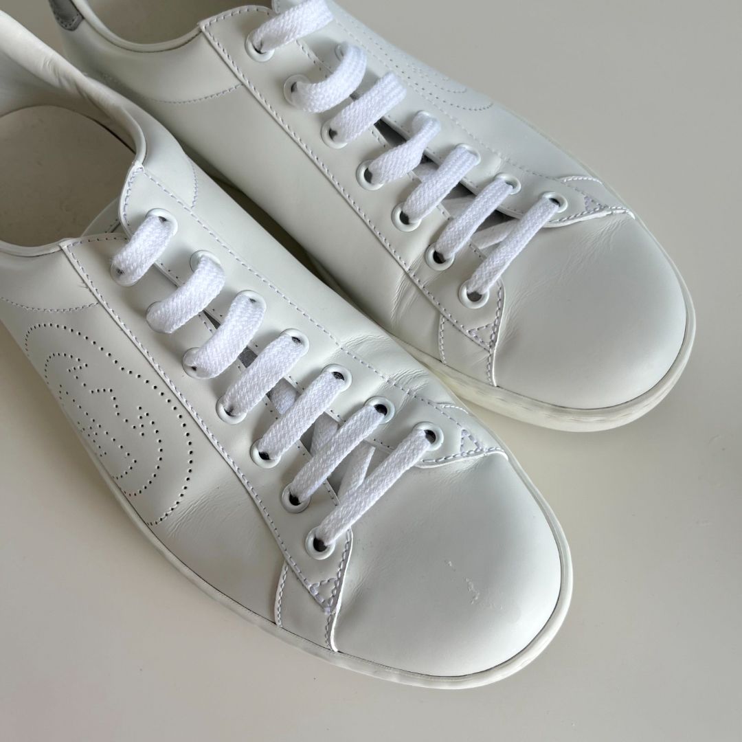 Gucci White Perforated Interlocking G Leather Ace Low Top Sneakers