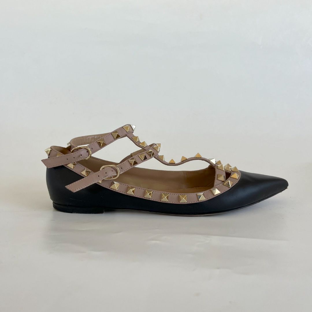 Valentino black pointed toe rockstud flats, 38.5