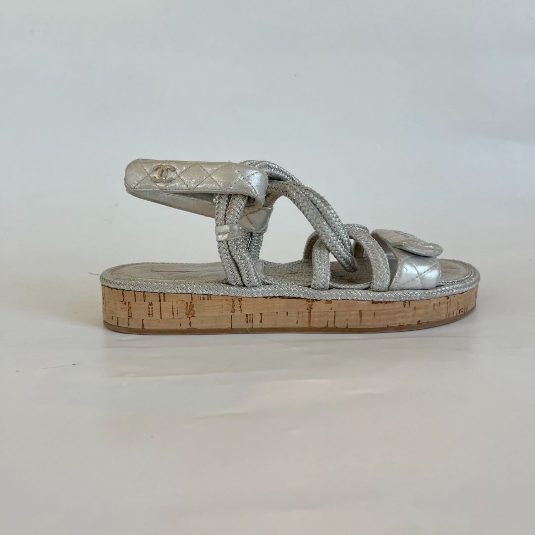 Chanel 20S CC Lambskin Cord Rope Logo Dad Sandals in Silver 39