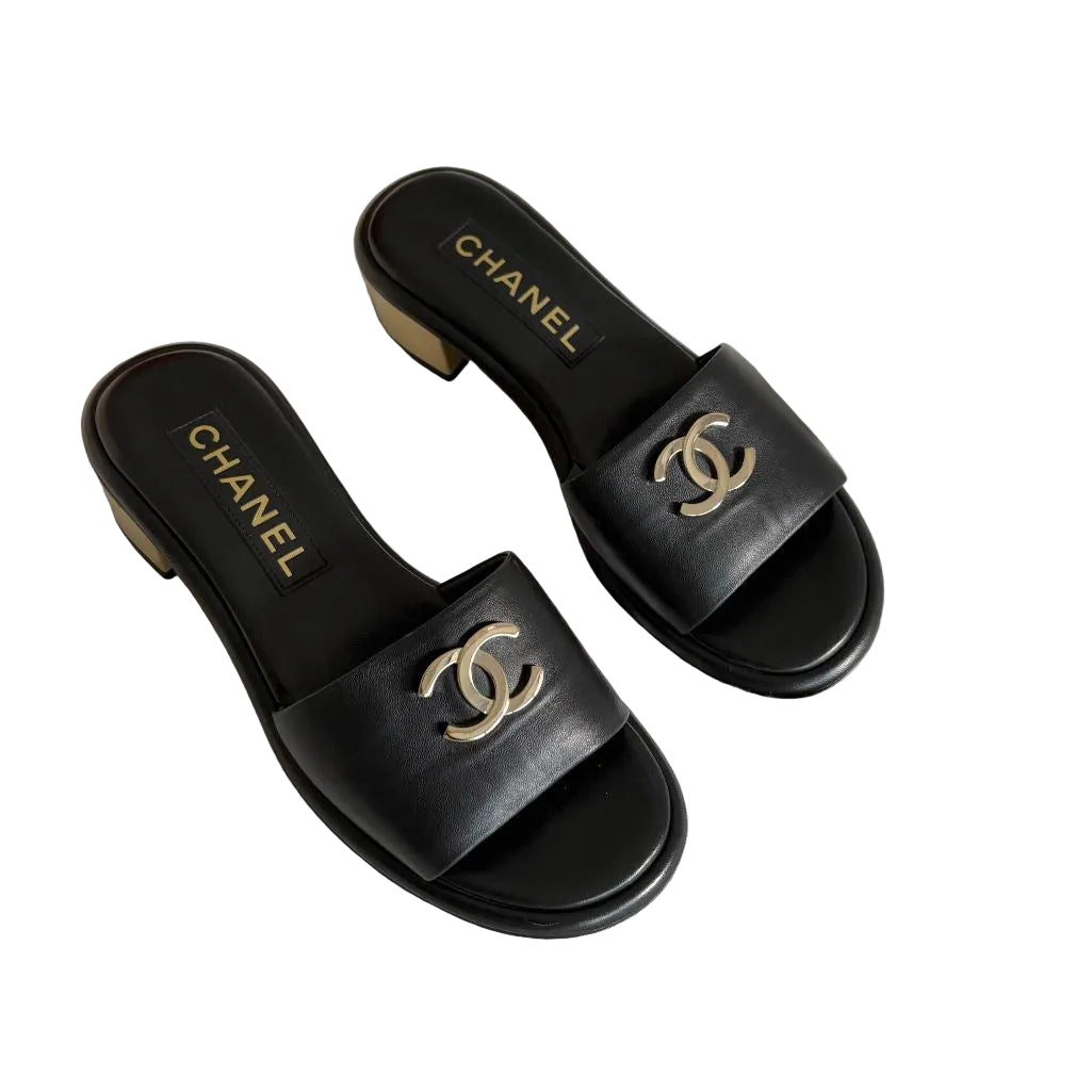 Chanel black leather mules with light gold CC with block heel, size 38C