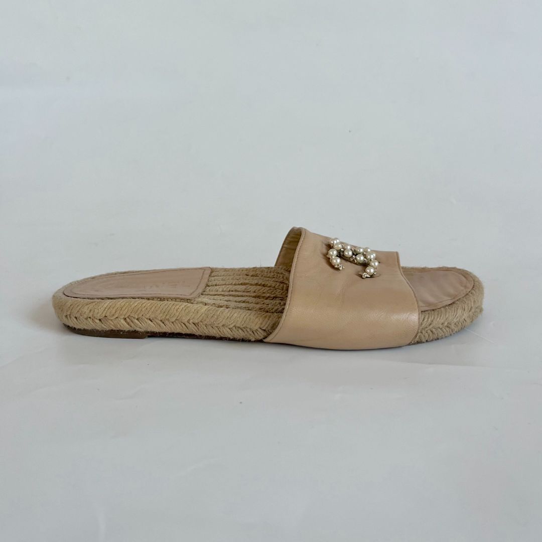 Chanel Tan Leather Espadrille Slides with Pearl CC - BOPF