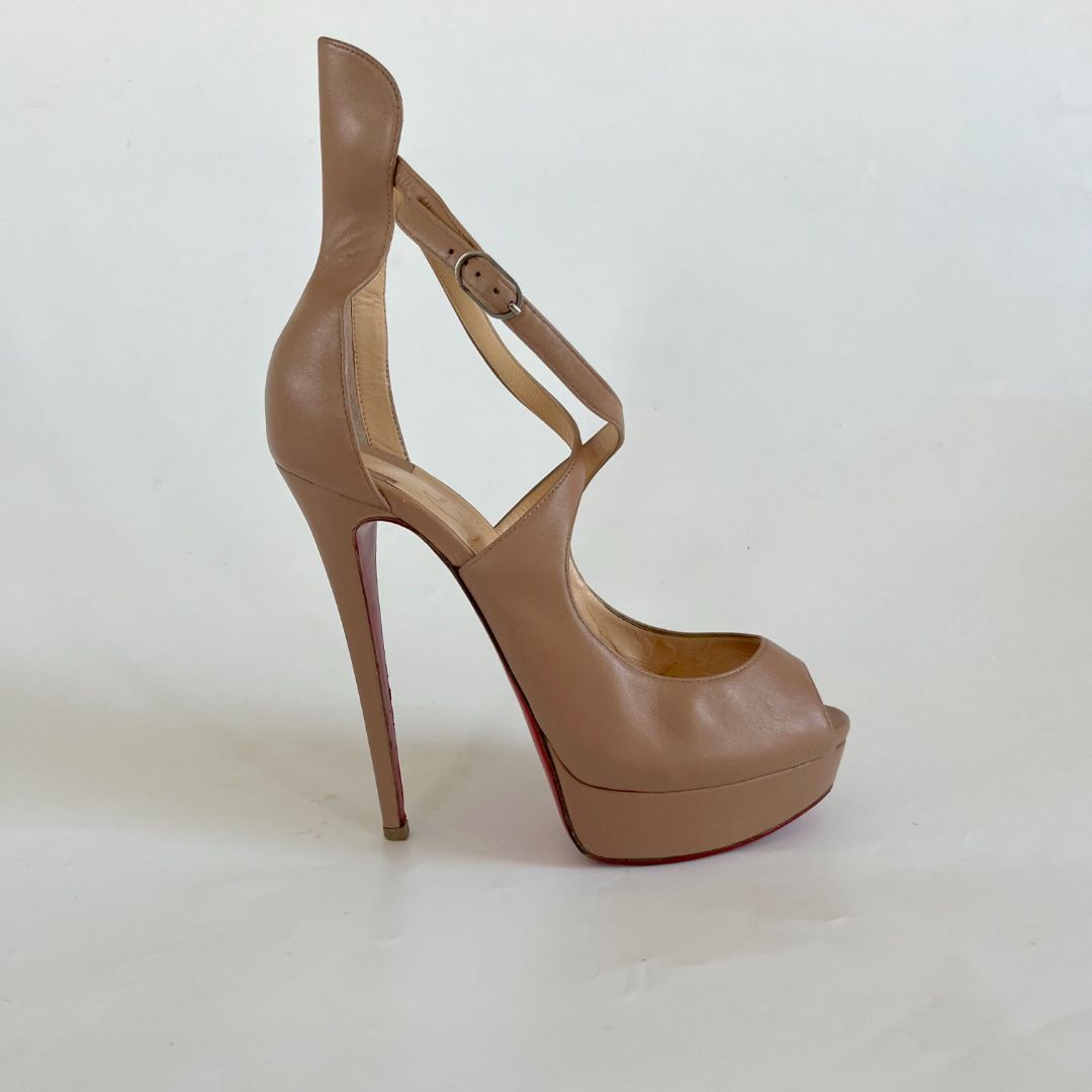 Christian Louboutin Nude Leather Platform Sandal Heels with Ankle Strap