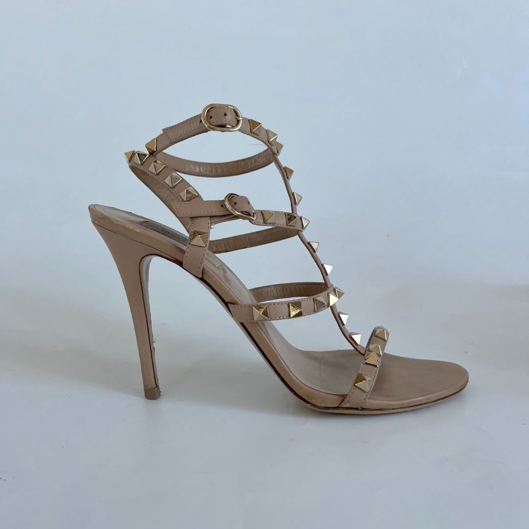 Valentino Nude Leather Rockstud Sandals, 38.5