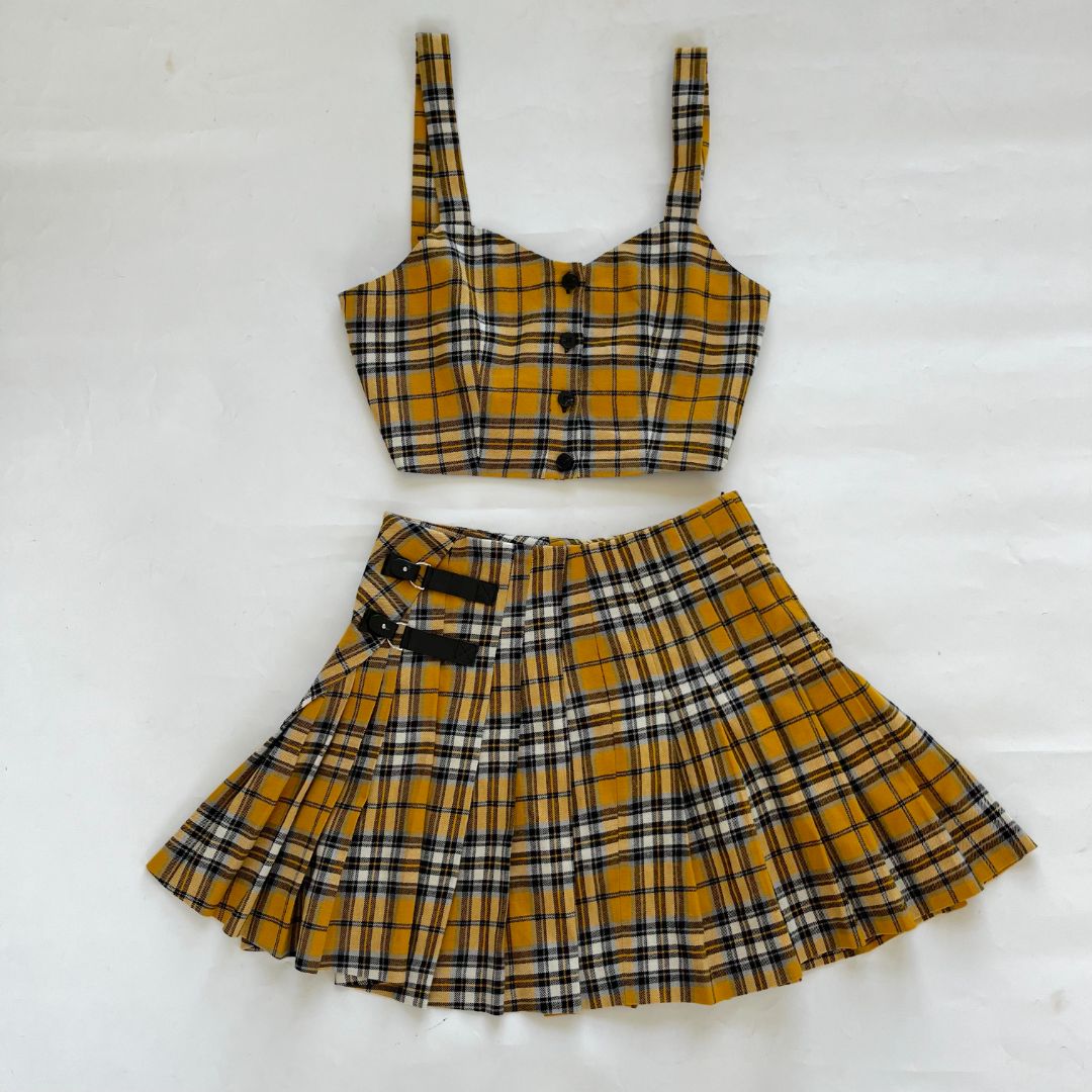 HOT Mini Skirt Yellow Checkered Skirt Set Mini Skirt Yellow Plaid