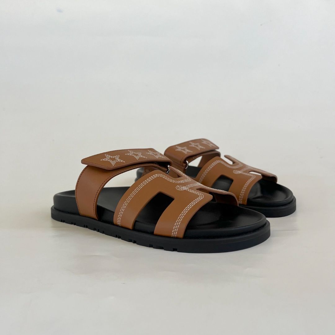 Hermès Embroidered Chypre Caramel Sandals, 37