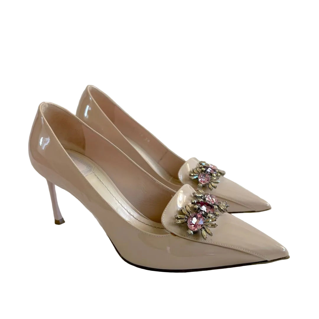 Christian Dior nude patent leather pumps with crystal on vamp, size 38