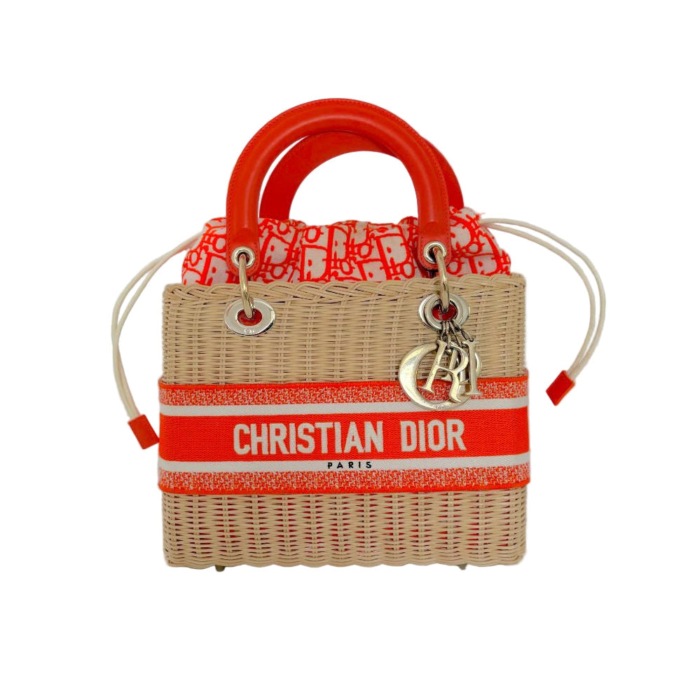 Christian Dior Orange Lady Dior Natural Wicker Medium Bag