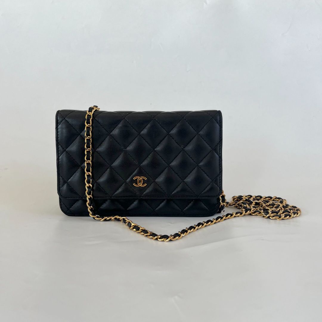 Chanel black quilted lambskin wallet on chain crossbody bag