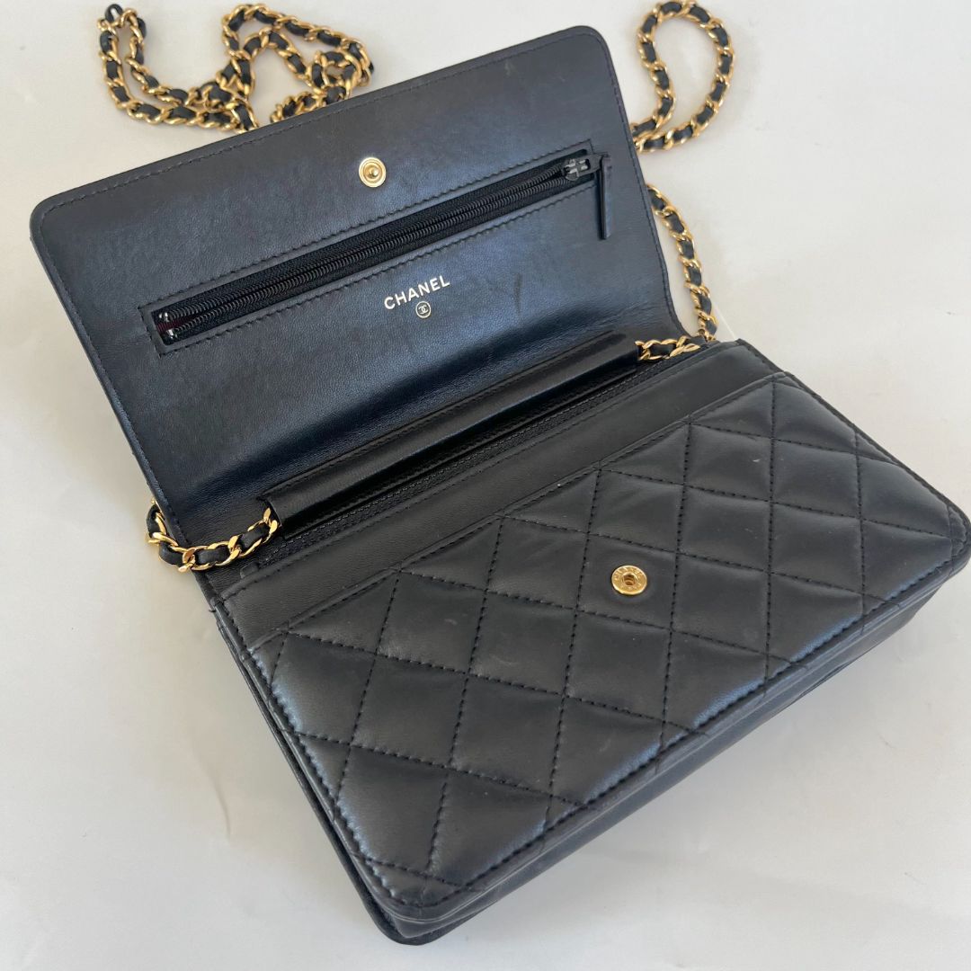 Chanel black quilted lambskin wallet on chain crossbody bag