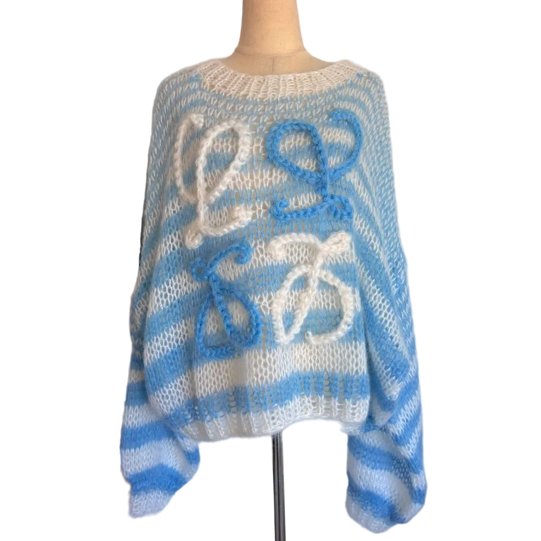 Loewe Blue and White Mohair Oversized Cable Knit Sweater, L