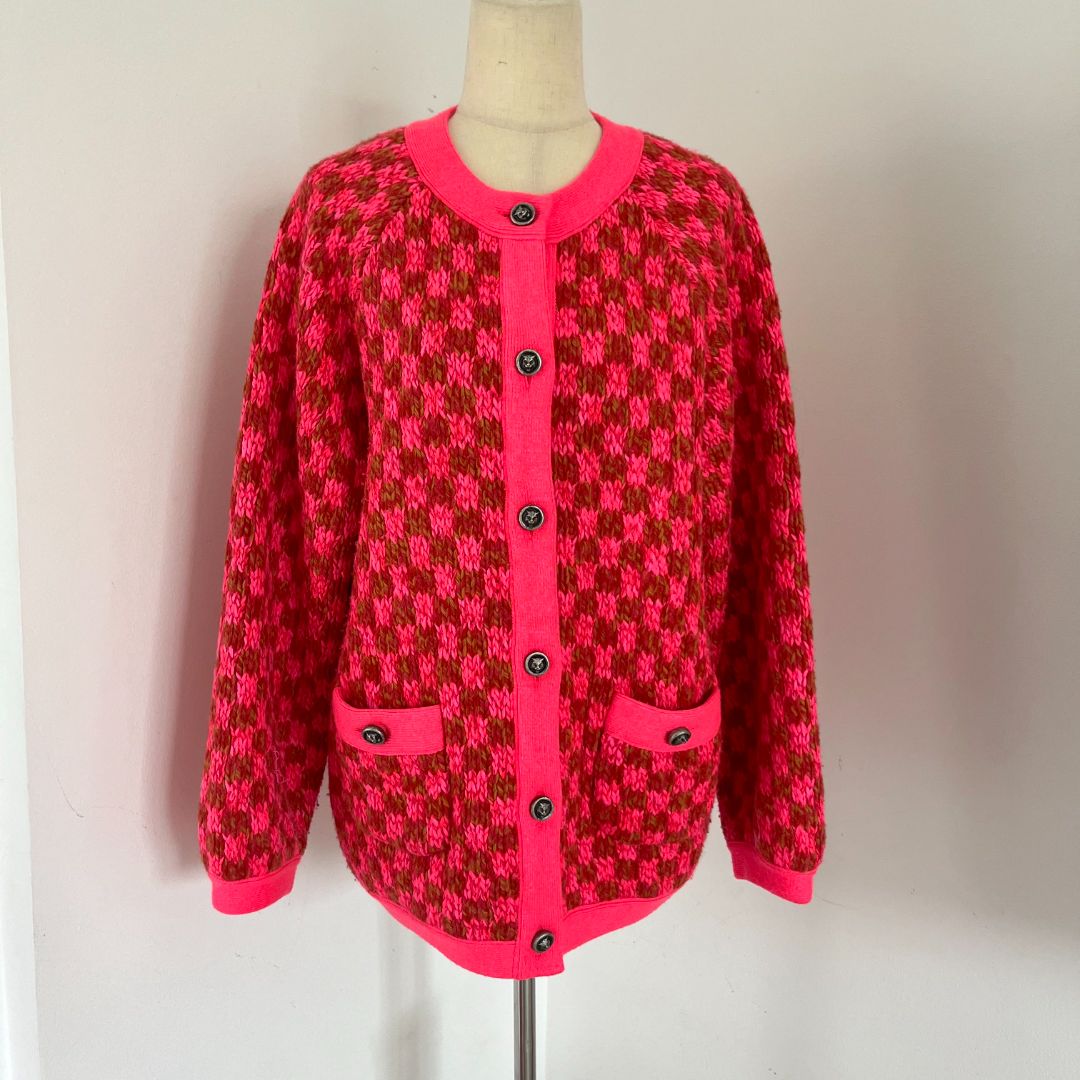 Gucci Neon Pink Checked Wool-blend Cardigan