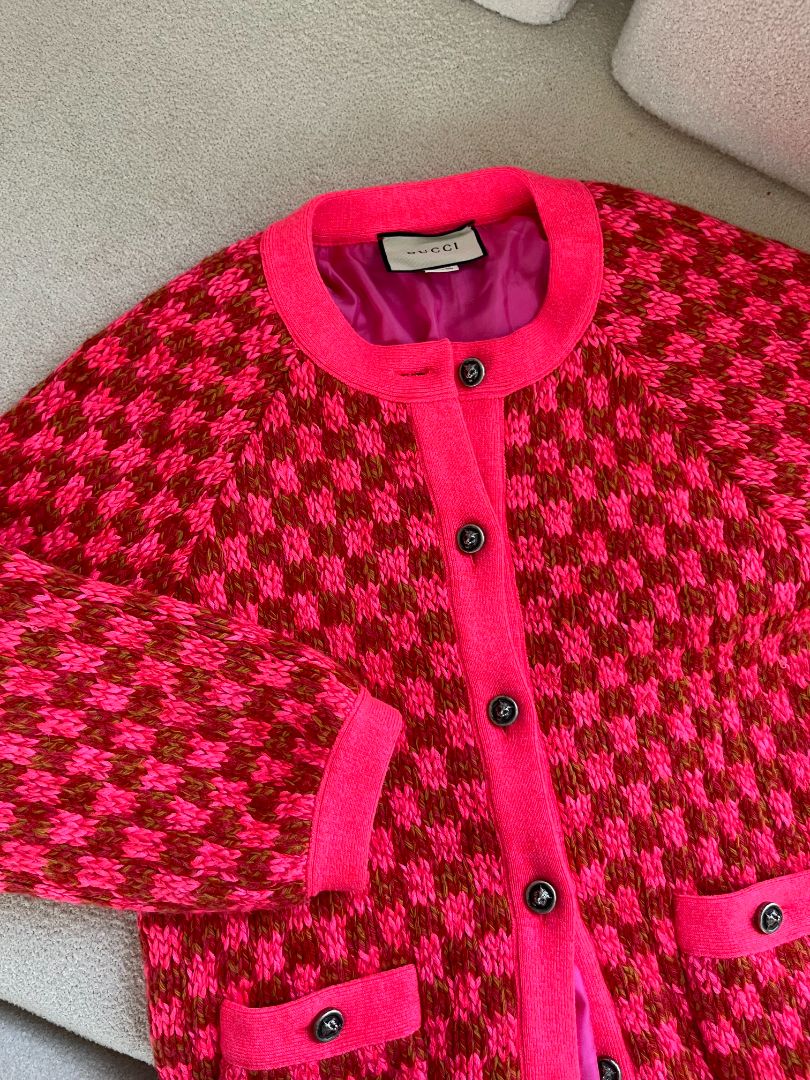 Gucci Neon Pink Checked Wool-blend Cardigan