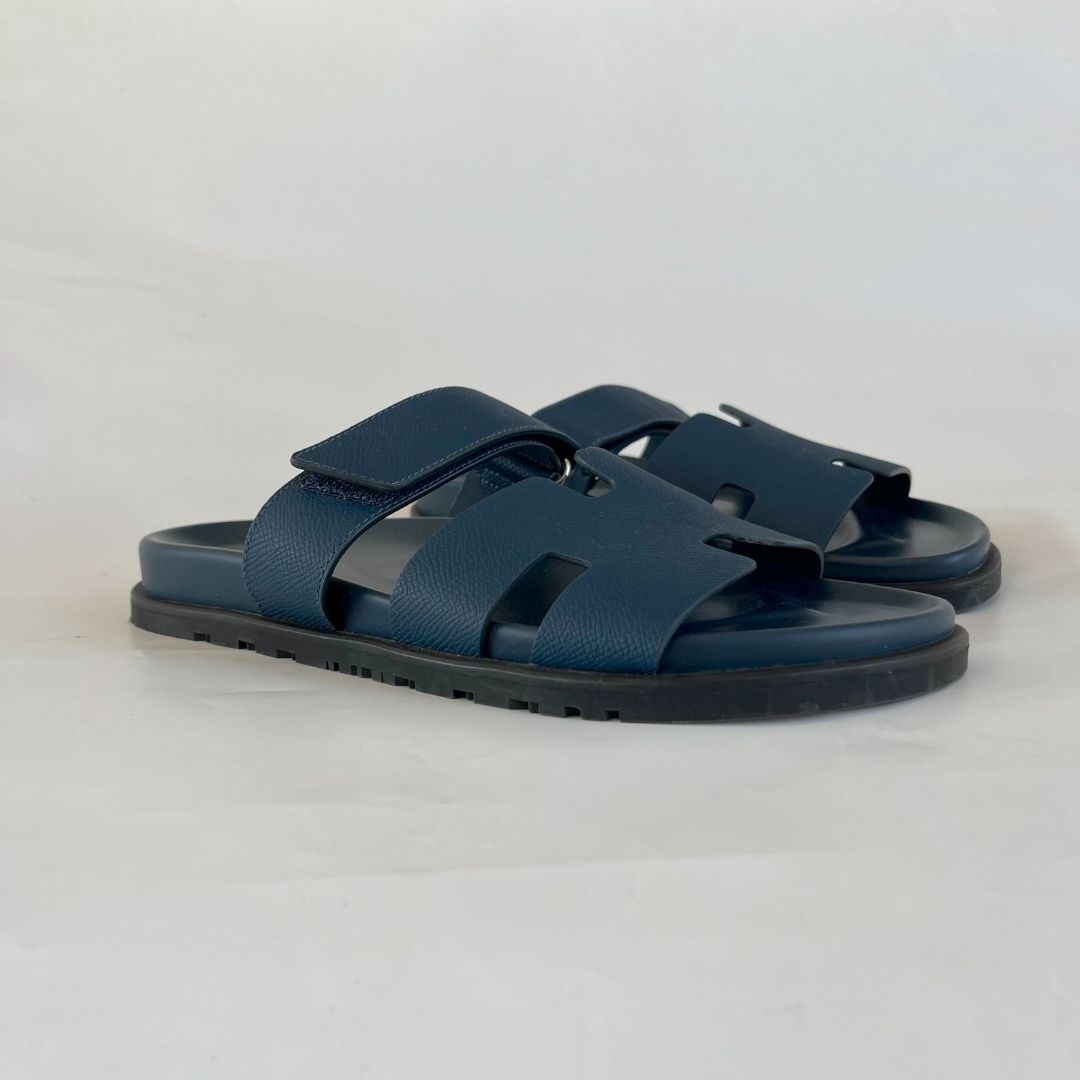 Hermes Mens Navy Blue Epsom Chypre Sandals
