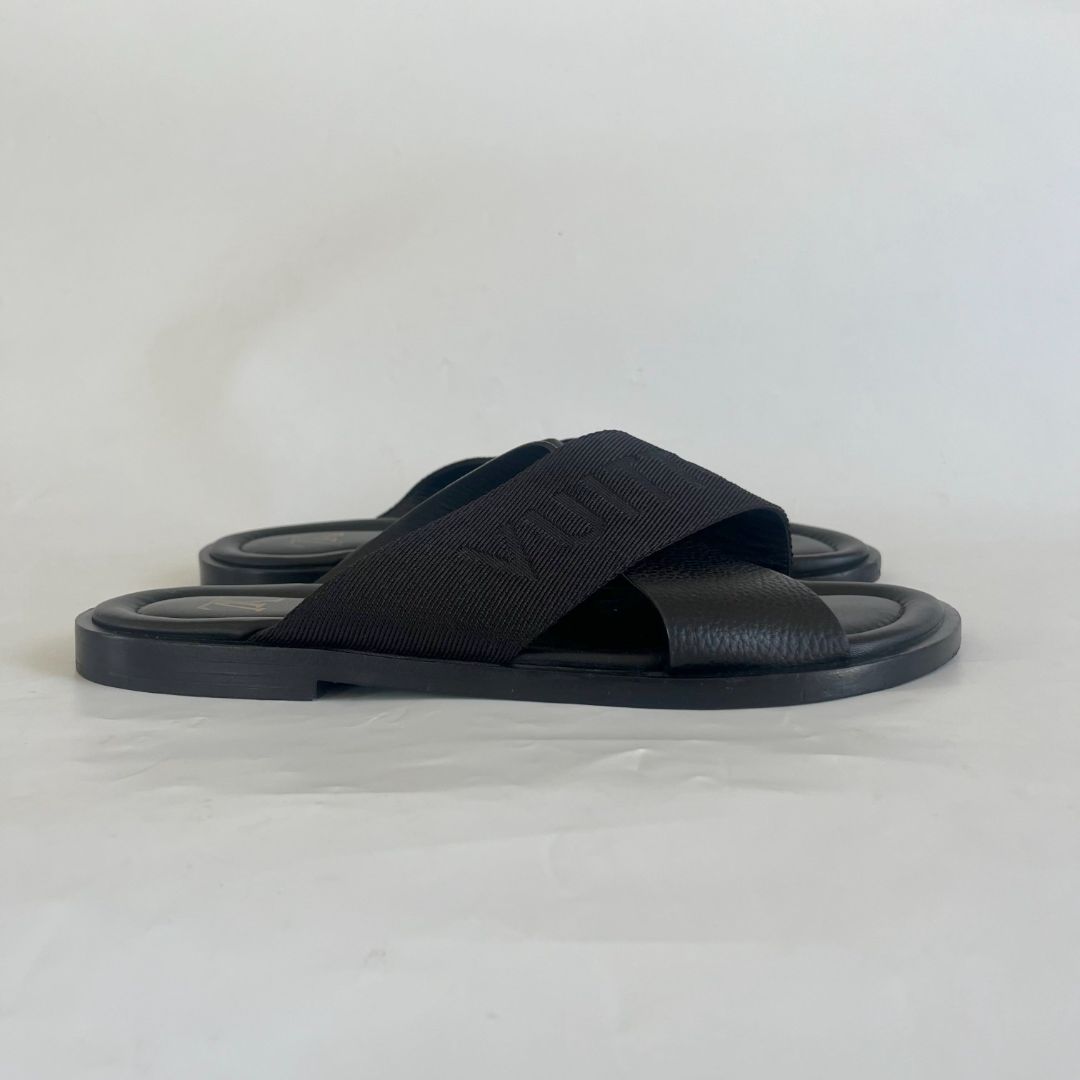 Louis Vuitton Mens Black Criss Cross Logo Mule Slides, UK8/US11