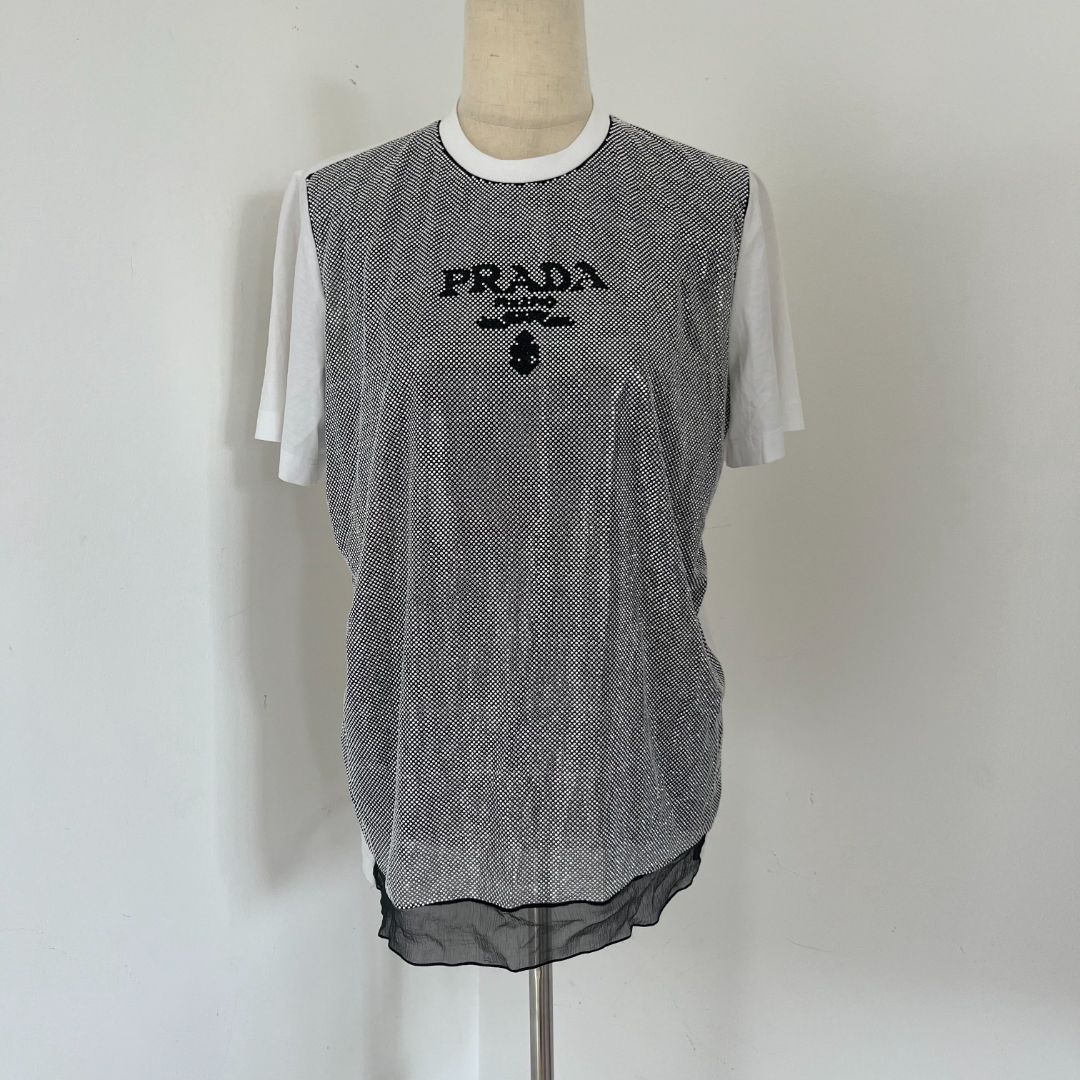 Prada Stud Embellished Logo T-shirt in Jersey & Chiffon