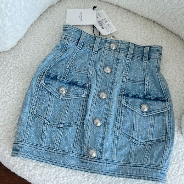 Balmain blue denim mini skirt with pockets and buttons