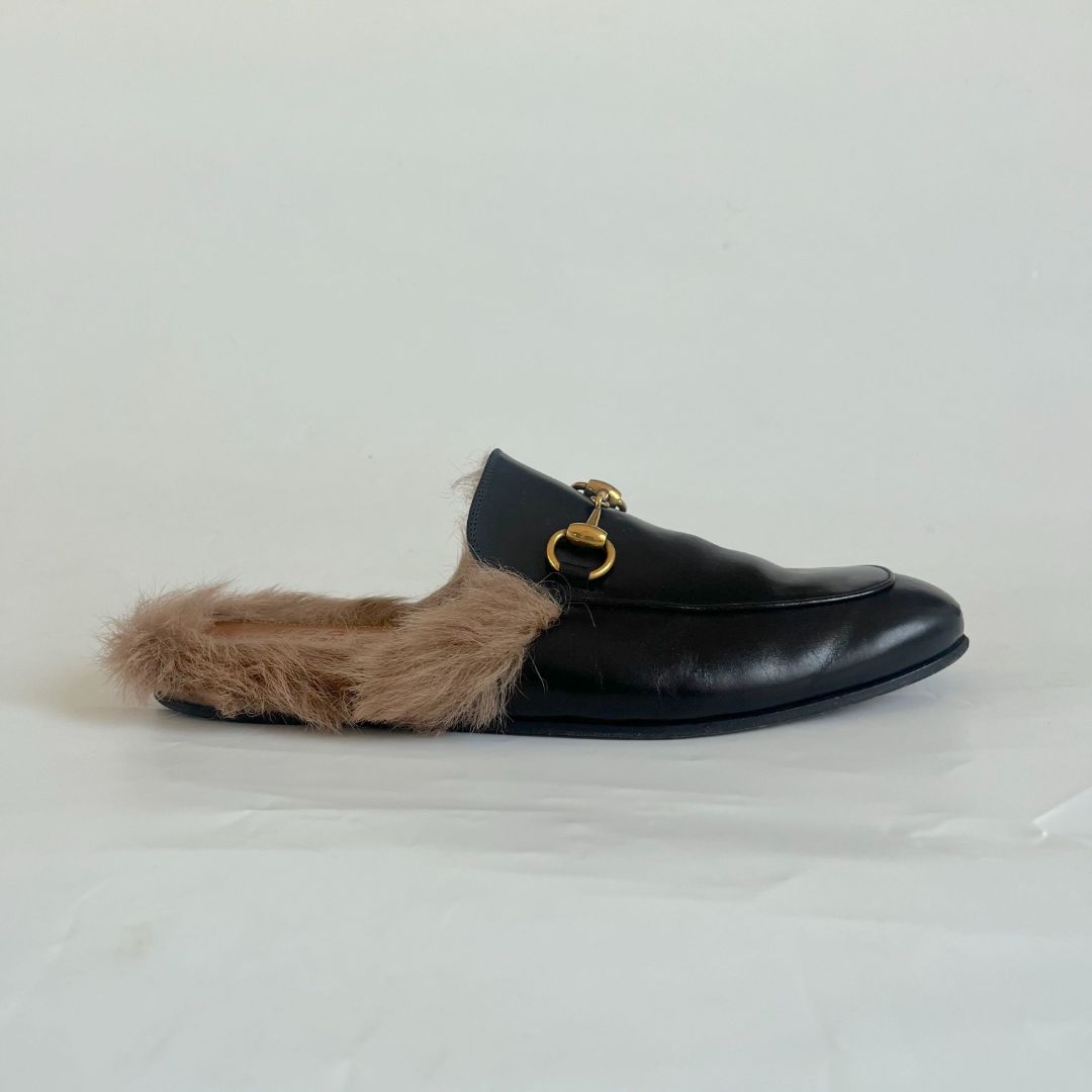 Gucci Princetown Horsebit-detailed Shearling-lined Leather Black Slippers, size 40