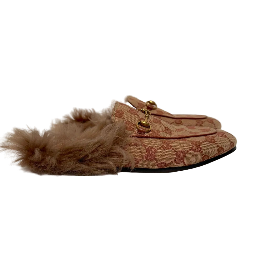 Gucci Princetown GG Canvas Fur-Lined Mule Slipper Beige Ebony, size 37