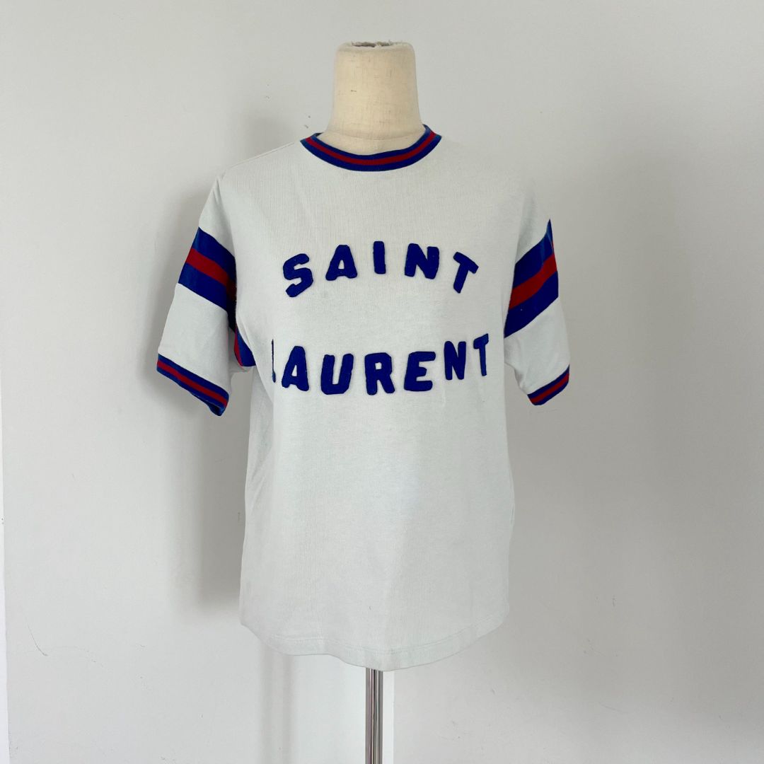 Saint Laurent Blue/ Red/ White Vintage-effect Logo T-shirt