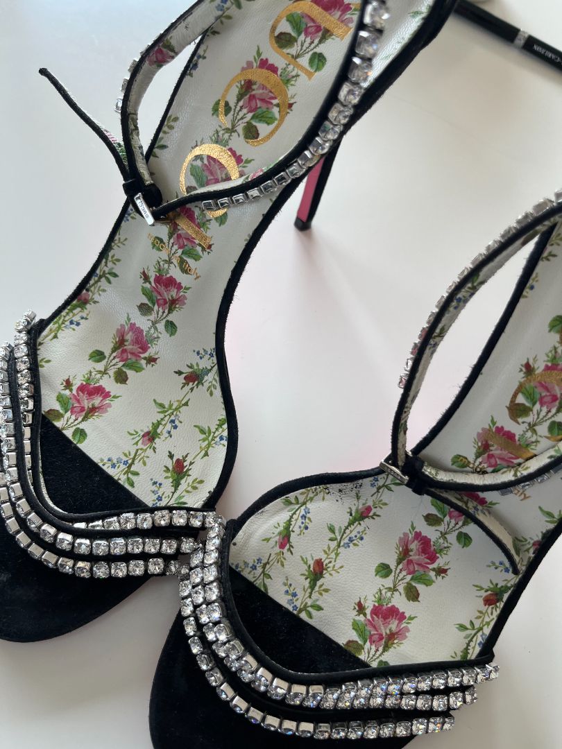 Gucci Black Suede Crystal Embellished Ankle Strap Sandals, 39