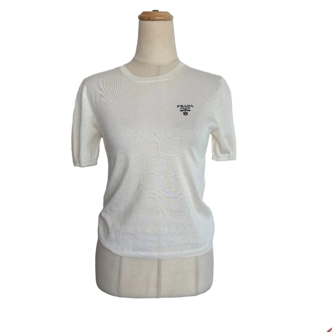 Prada White Knit Ivory Shortsleeve Top