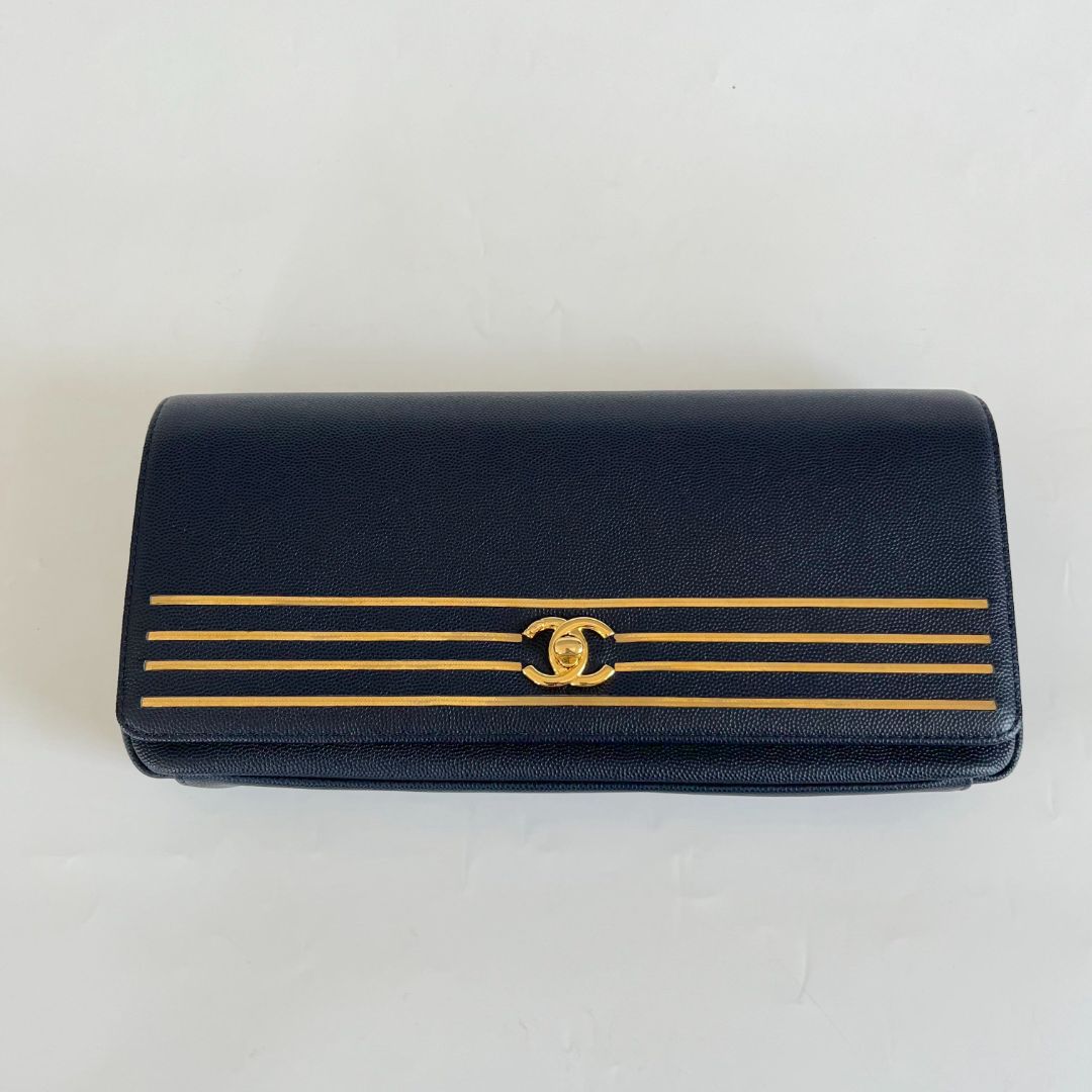 Chanel Navy Blue Caviar Leather Captain Gold Clutch