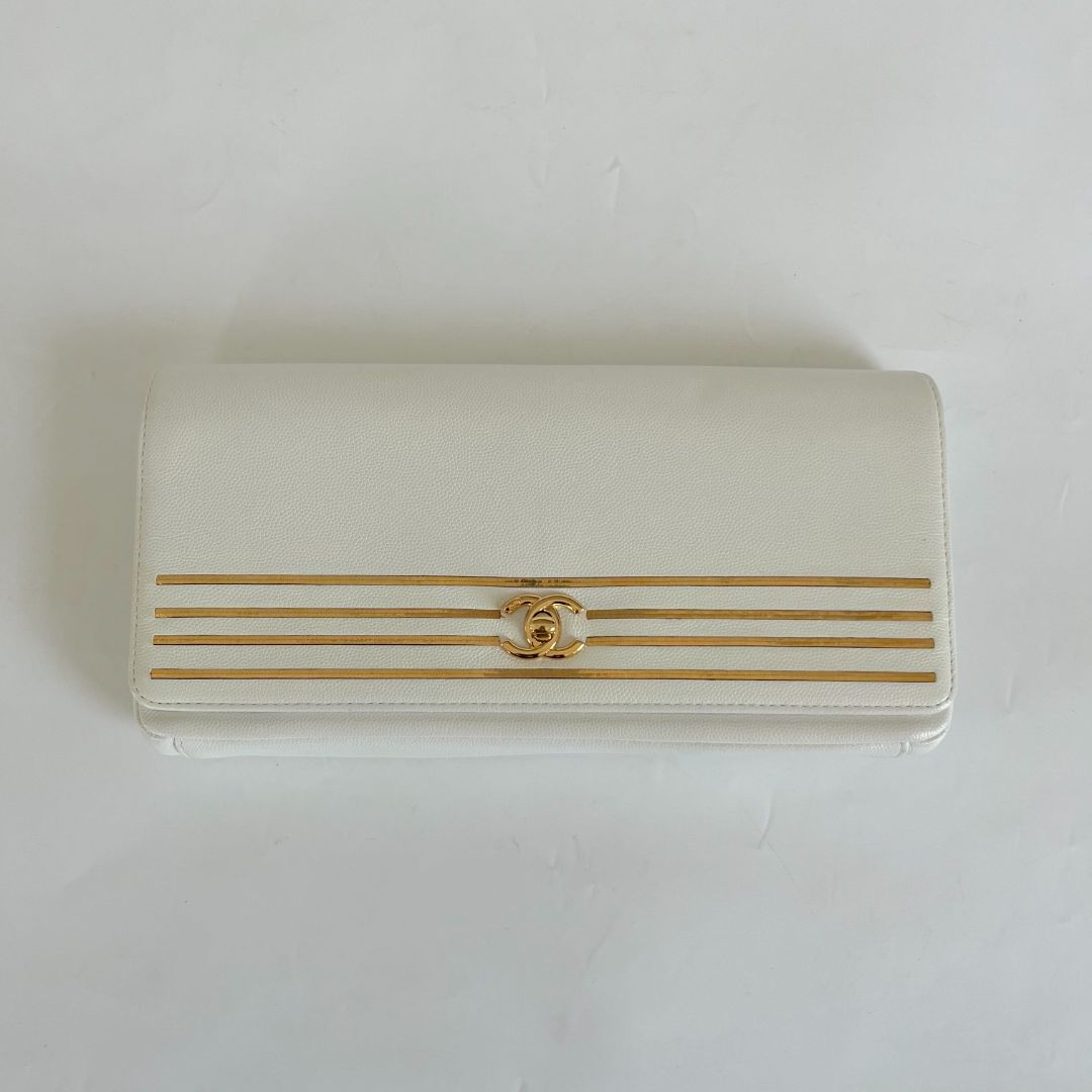 Chanel White Caviar Leather Captain Gold Clutch
