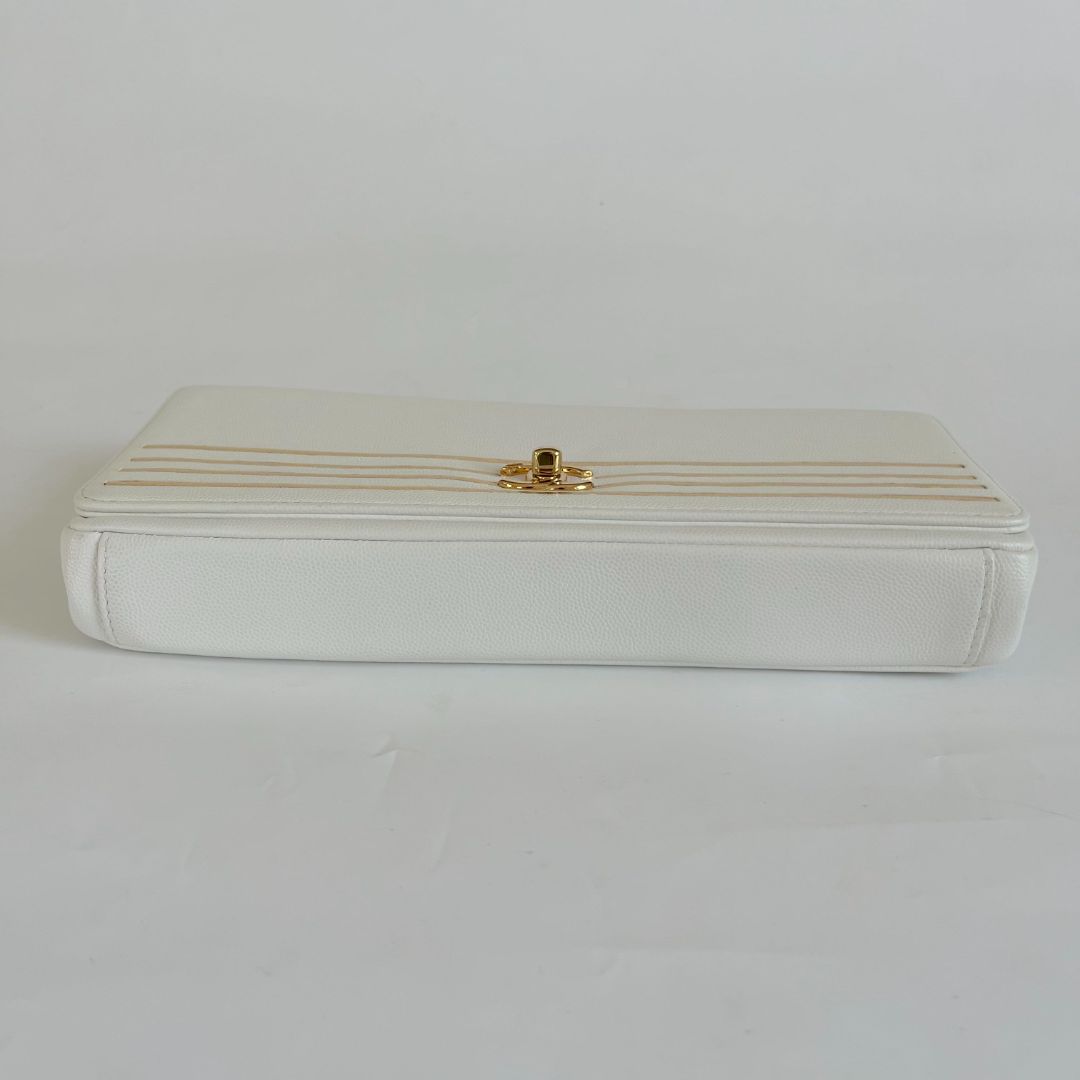 Chanel White Caviar Leather Captain Gold Clutch