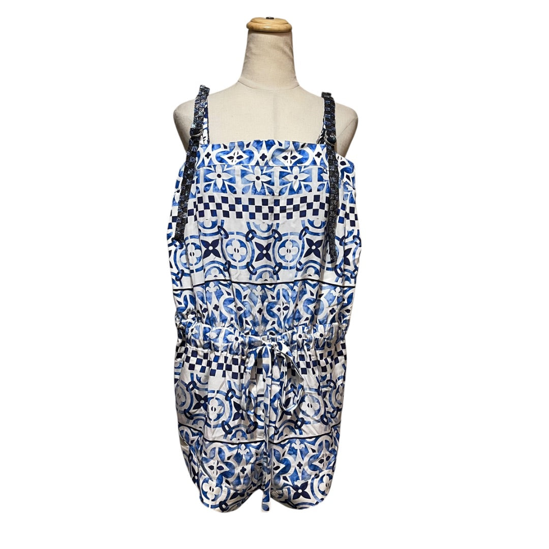 Louis Vuitton Blue & White Monogram Tile Majolica Beaded Embellished Strap Playsuit Size 36