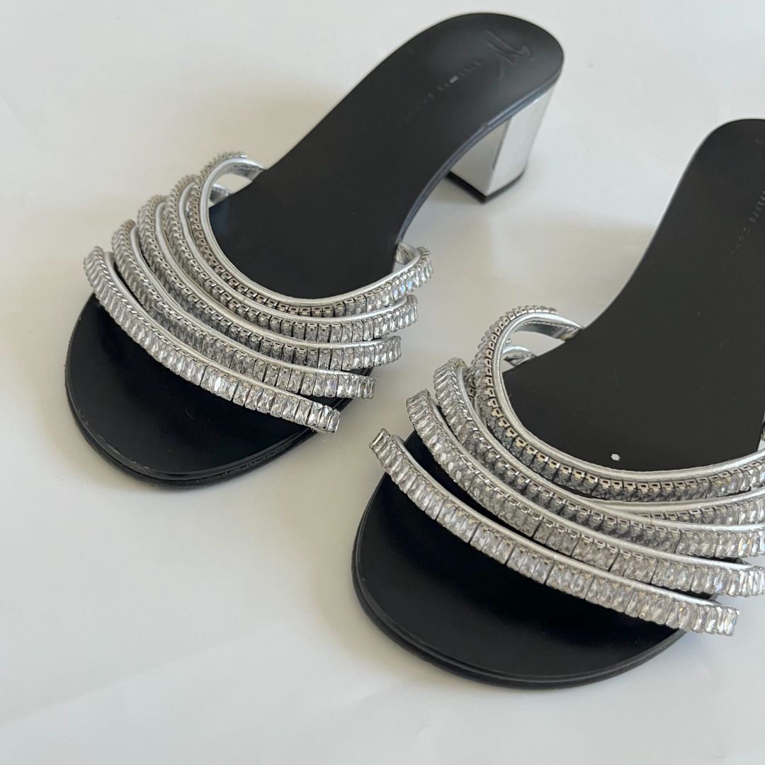 Giuseppe Zanotti silver leather with crystals open-toe sandals, 39