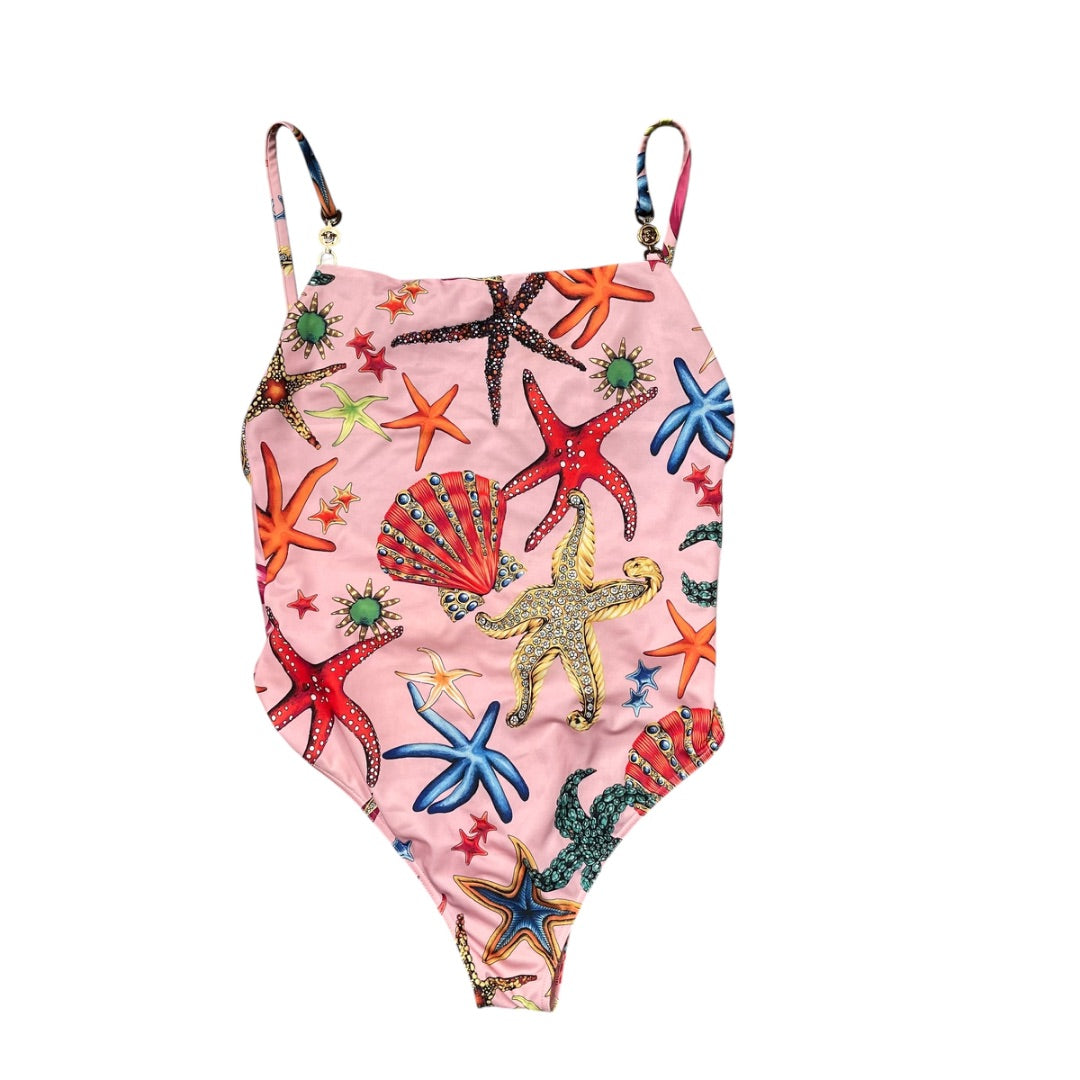 Versace Multicolor Star Fish Print Medusa Face Chain Strap Swimsuit S