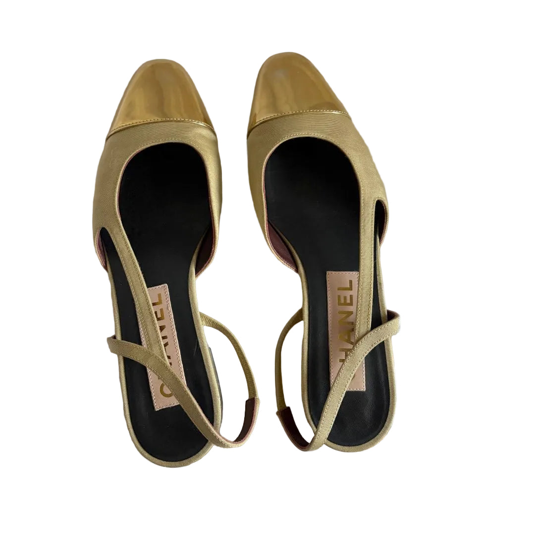 Chanel Ridged Satin With Gold Cap Toe Slingback Flat, size 37C