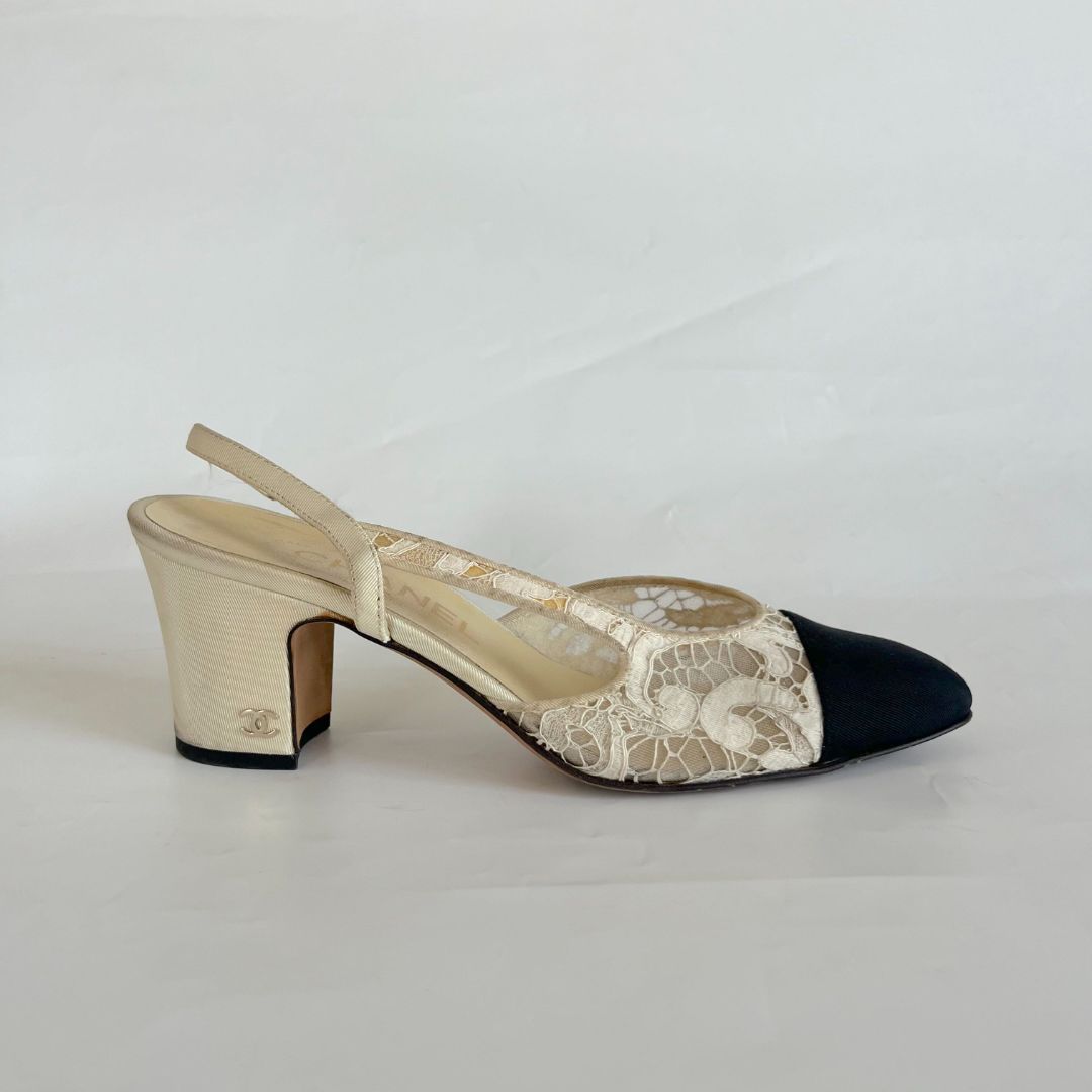 Chanel White Lace Slingback Pumps, 36