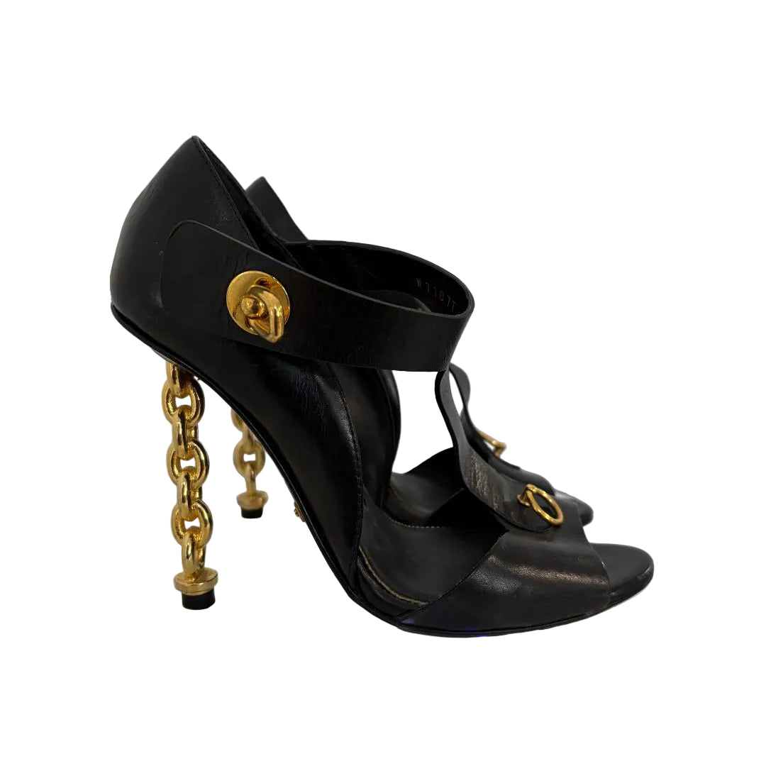 Tom Ford Black Leather Sandals with Chain Heel, 37