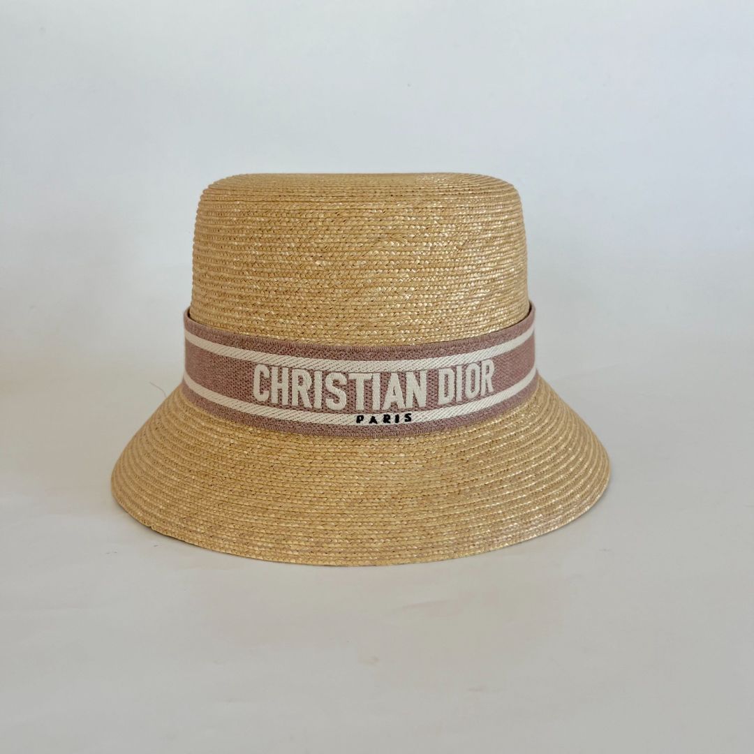 Christian Dior Beige/Pink Straw Logo Band Detail Dioresort Hat size 57
