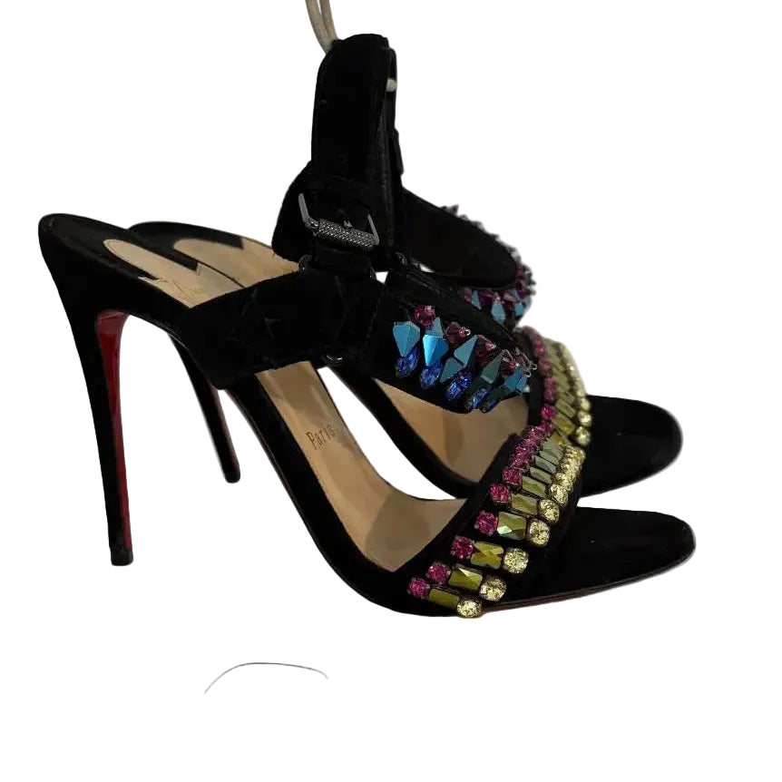 Christian Louboutin Black Suede Sandal Multicolor Crystal, 36.5