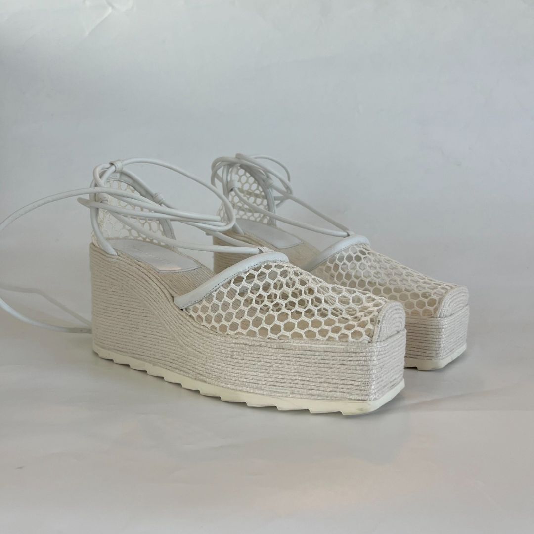 Bottega Veneta White Mesh and Leather Espadrille Wedge Sandals, 41