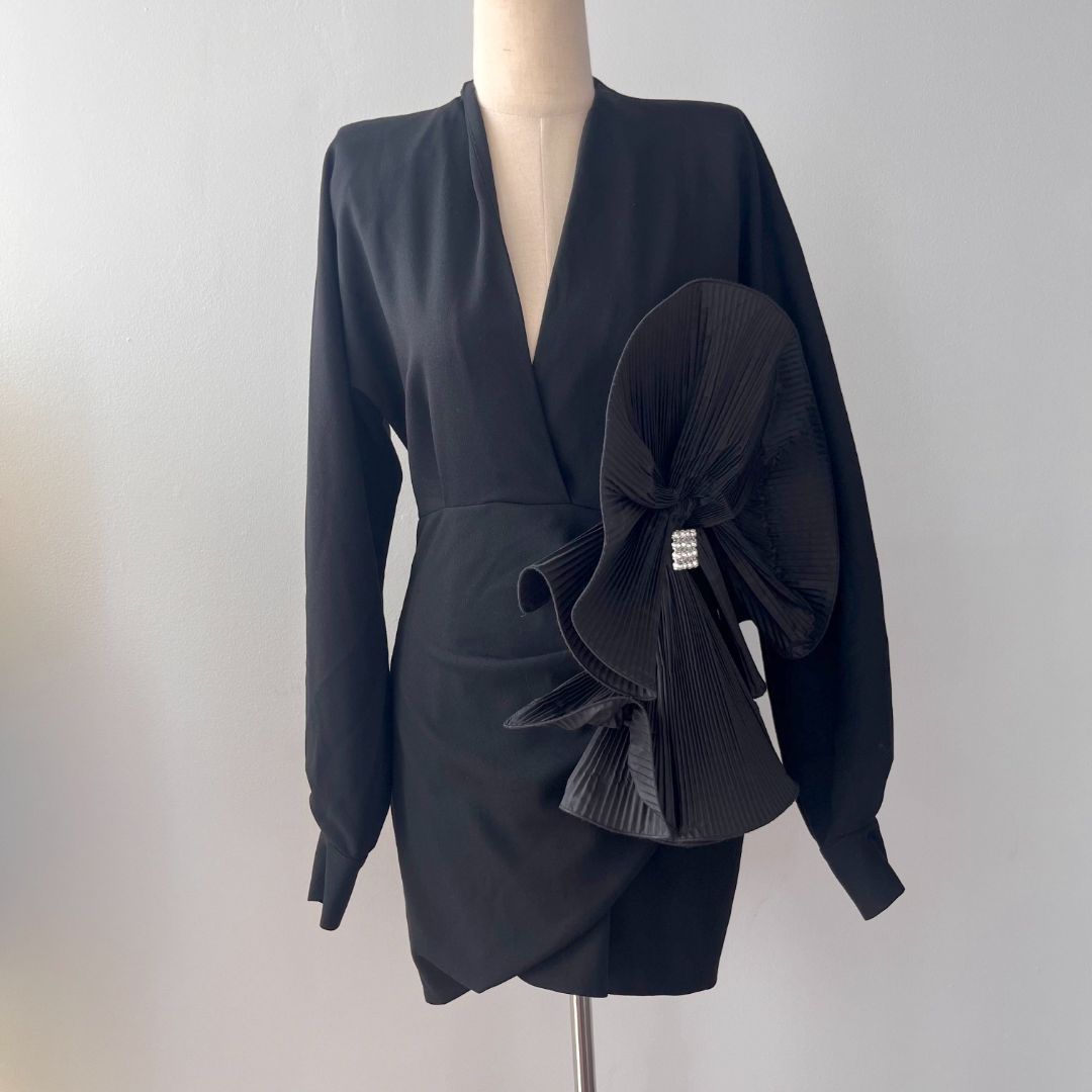 Alessandra Rich black mini dress with pleated applique and crystal det -  BOPF