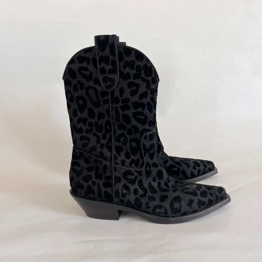 Dolce & Gabbana Black Animal Print Lurex and Velvet Cowboy Boots Size, 36