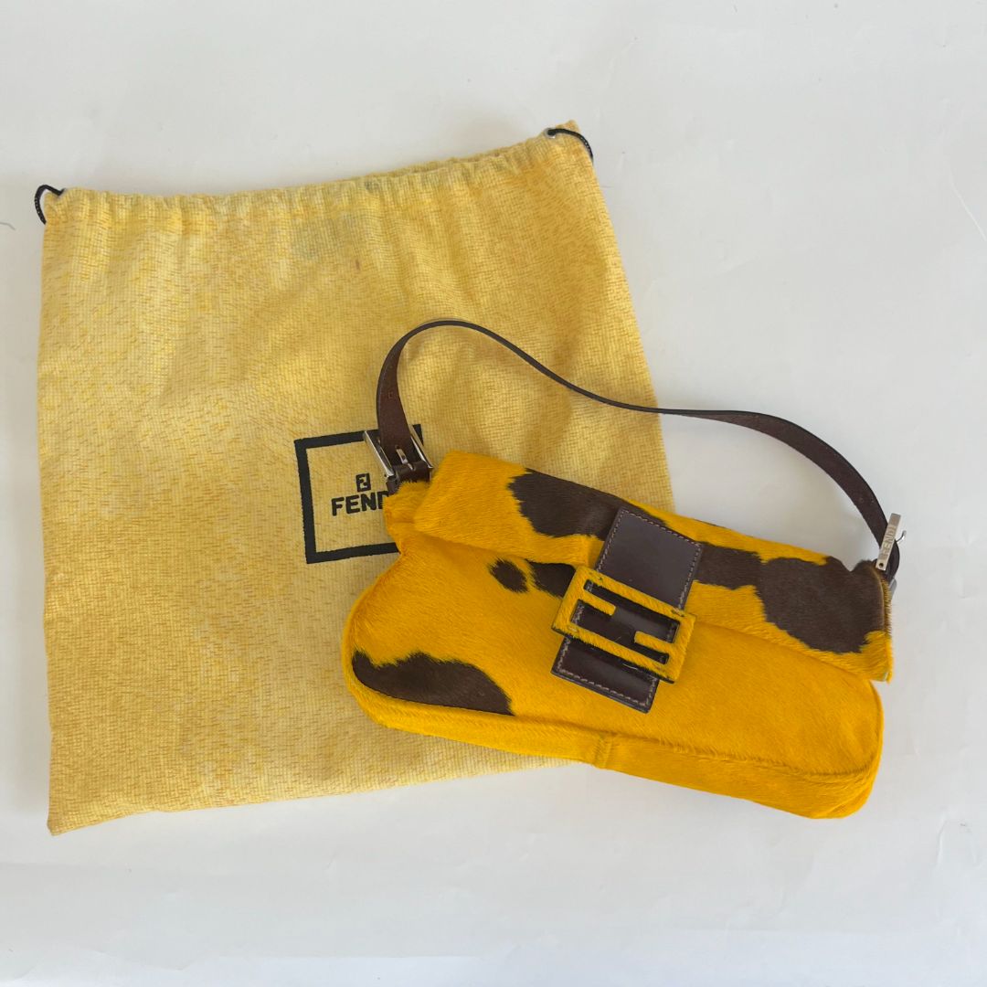 Fendi yellow pony hair baguette bag
