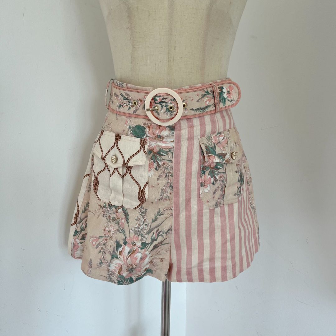 Zimmermann beige/pink printed linen shorts with belt