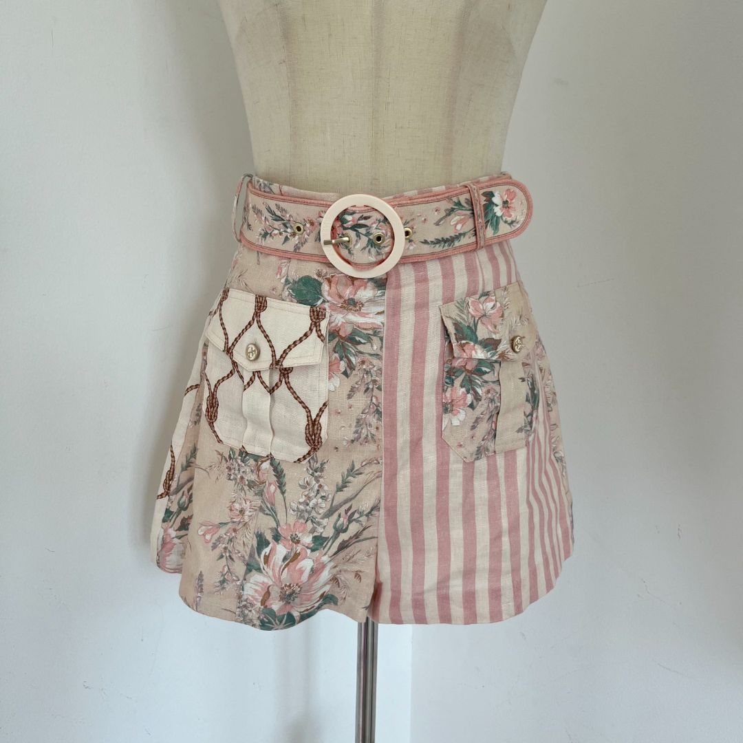 Zimmermann beige/pink printed linen shorts with belt