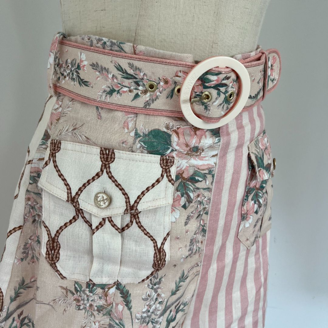 Zimmermann beige/pink printed linen shorts with belt