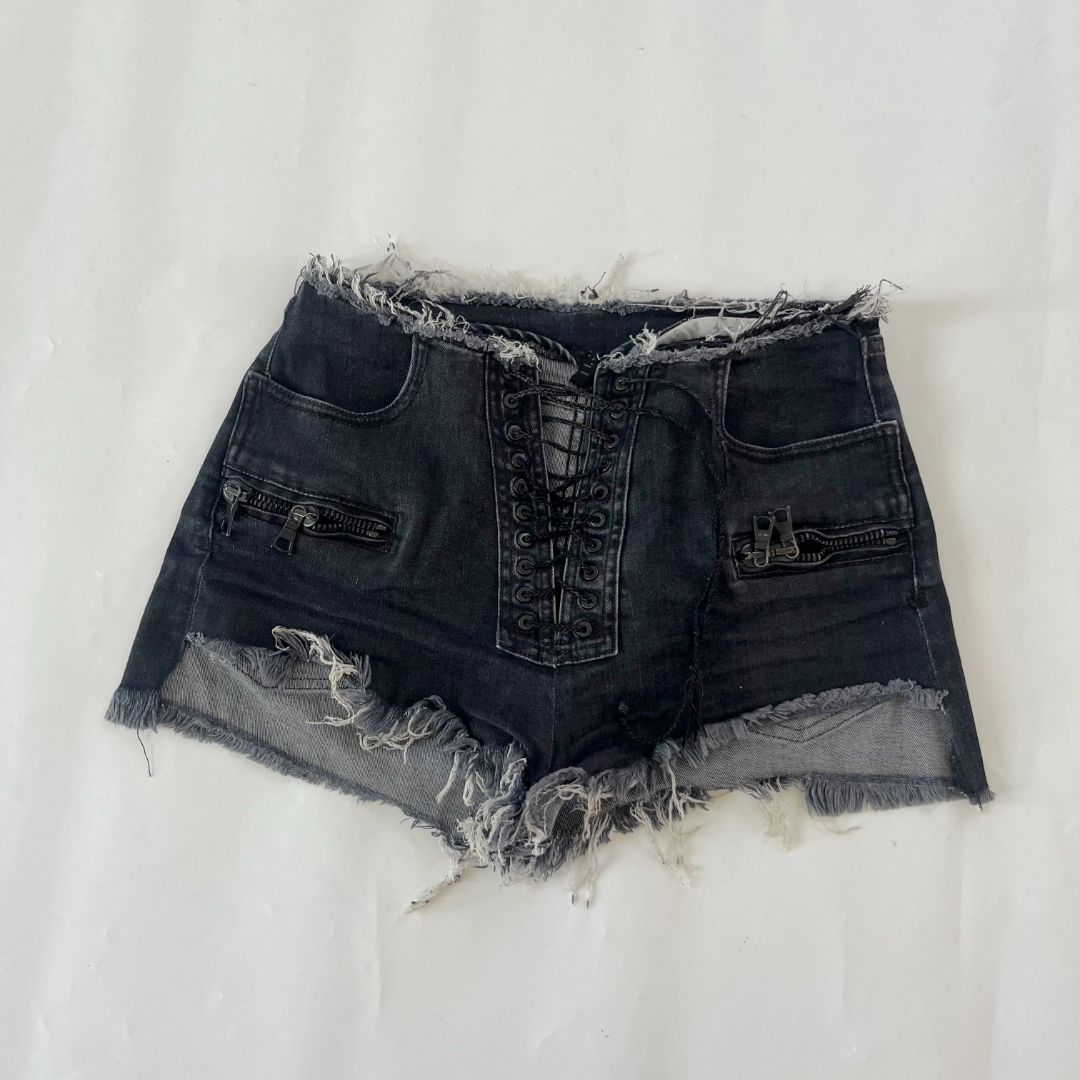 Unravel black distressed lace up shorts