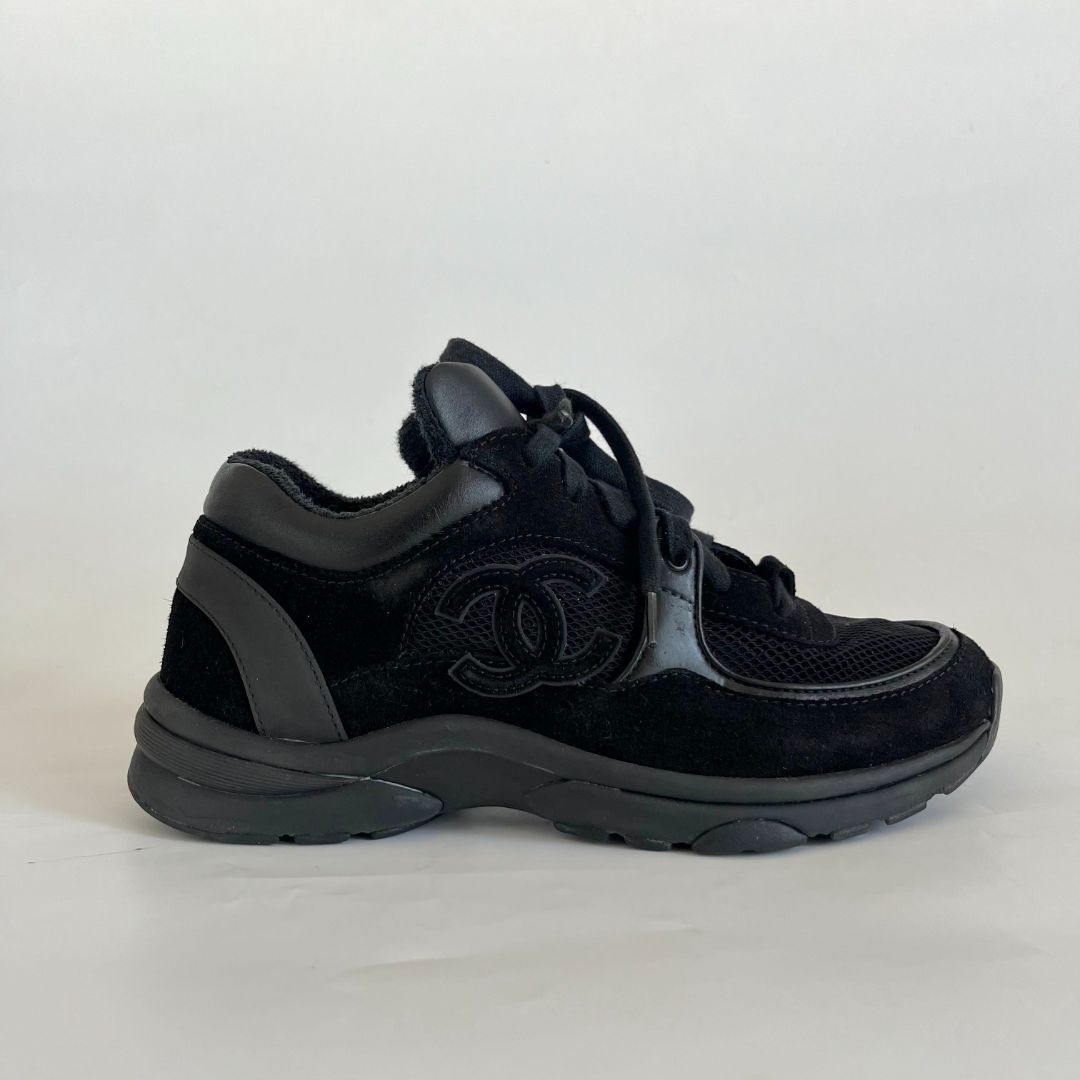 Chanel black suede and leather low top lace up sneakers, 37.5