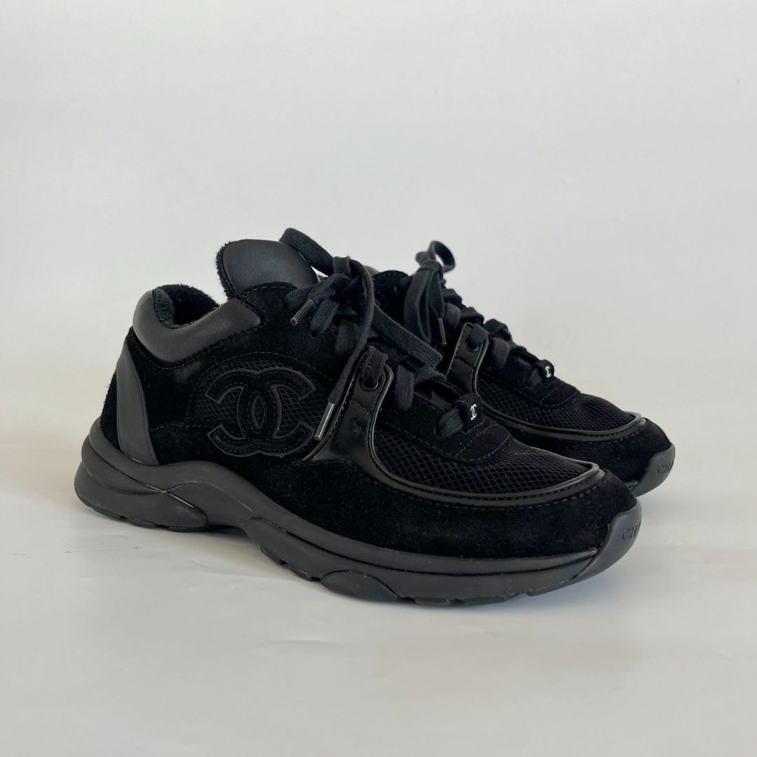 Chanel black suede and leather low top lace up sneakers, 37.5