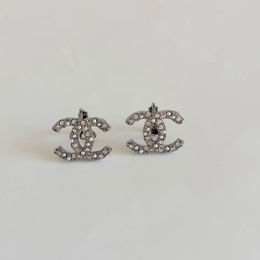 Chanel Grey Metal Crystal and Pearl Clip On Earrings