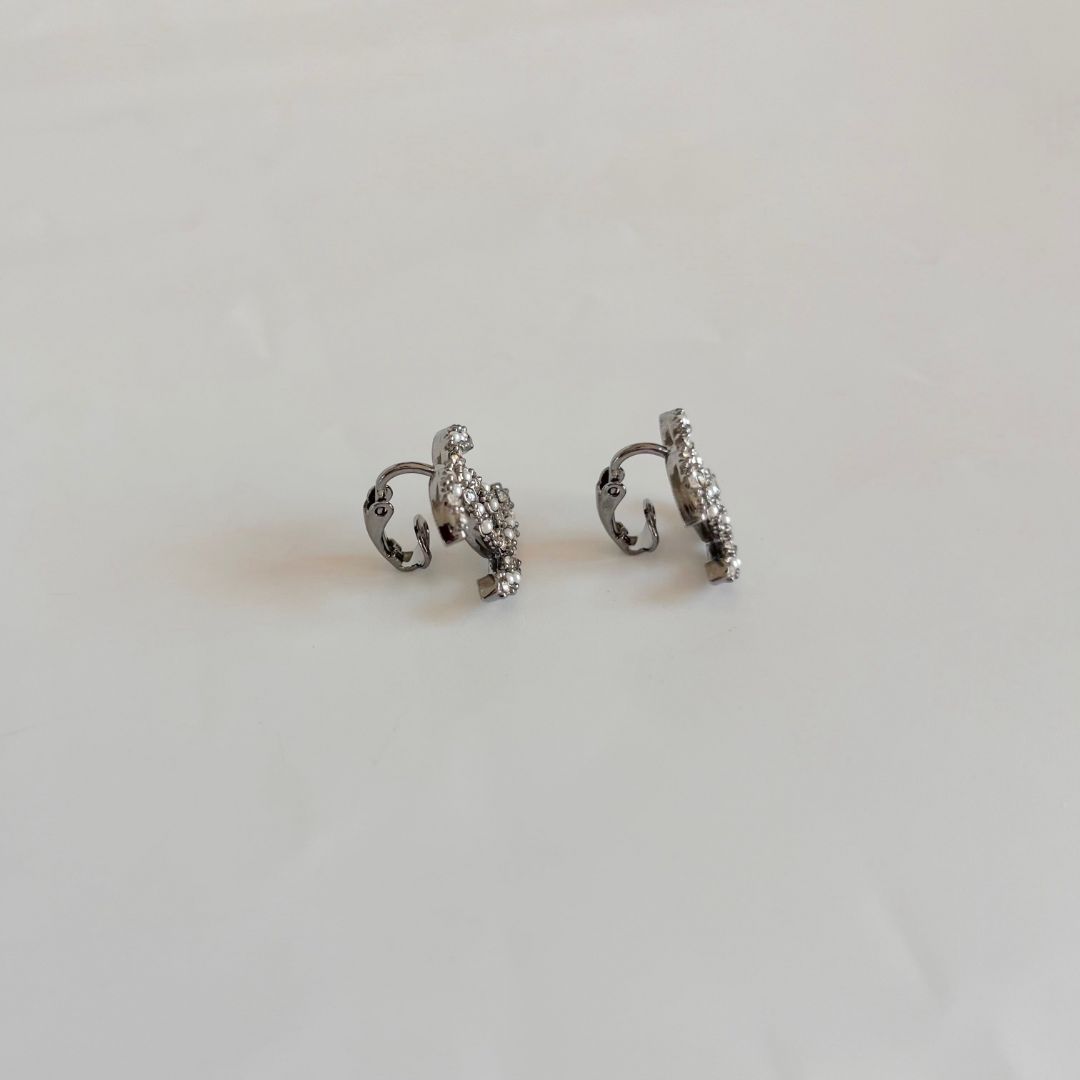 Chanel Grey Metal Crystal and Pearl Clip On Earrings